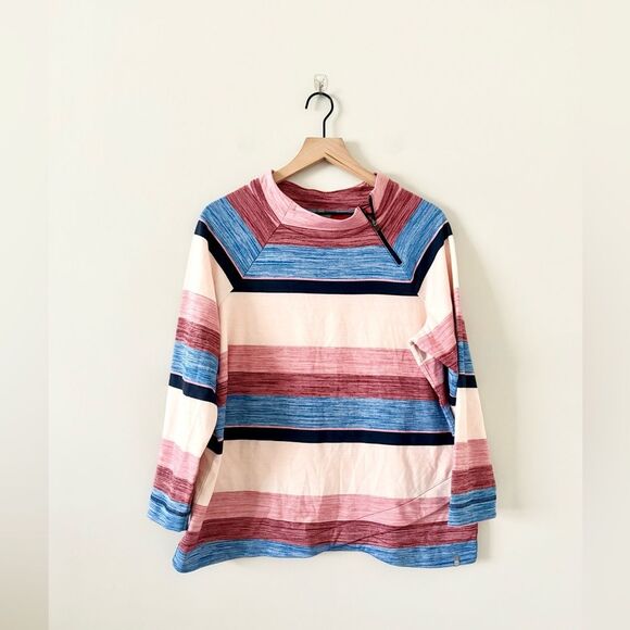 T by Talbots Zip Mockneck Long Sleeve Cotton Blend Pullover in Multi Stripe - 1X - Picture 2 of 7